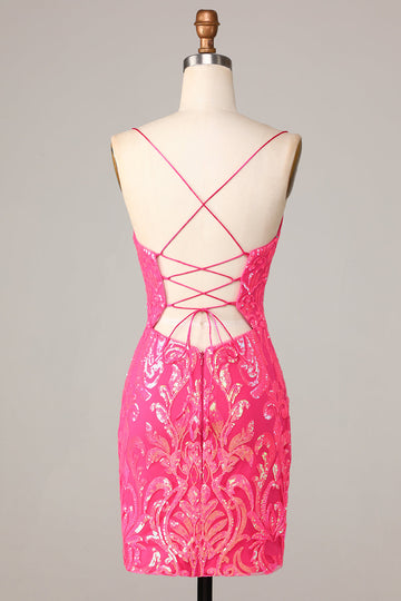 Sheath Spaghetti Straps Fuchsia Sequins Short Ball Dress